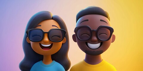 Fototapeta premium Two animated characters, a Black woman and man, smiling with sunglasses against a colorful background.
