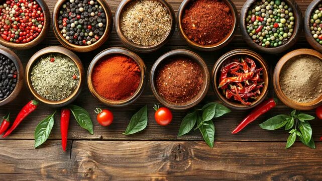 A vibrant collection of spices displayed in wooden bowls, featuring an assortment of colors and textures. Fresh herbs and chili peppers enhance the culinary atmosphere