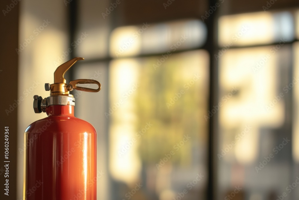 Poster the vibrant fire extinguisher draws attention in the foreground while a building fades into the back