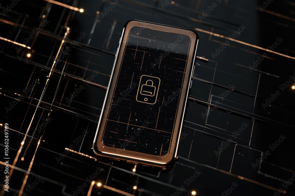 Leinwandbilder the smartphone's screen features a lock symbol, signifying security, surrounded by a sleek, modern d