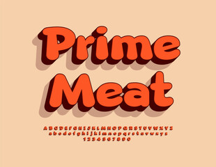 Vector artistic advertisement Prime Meat. Creative Bright Font. Modern 3D Alphabet Letters and Numbers set.