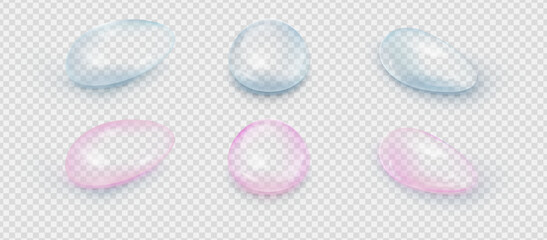 Collagen blue and pink drops. Hyaluronic acid bubbles. Cosmetic serum. Skincare product. Vector illustration