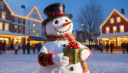 Naklejka premium Festive snowman holding a gift in a decorated holiday village at dusk copy space