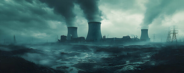 Dark and Moody Digital Illustration Depicting a Post-Apocalyptic Landscape Dominated by Abandoned Power Plant Towers and Smog-Filled Skies, with a Foreground Showing a Desolate and Muddy Terrain.