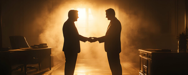 Two Silhouettes Shake Hands in a Dramatic, Hazy Room with a Desk and Chair in the Background