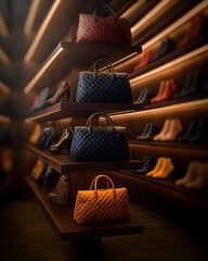 Elegant handbags displayed on stylish wooden shelves