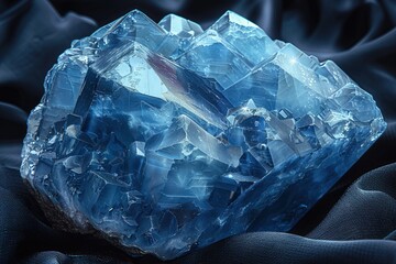 Aquamarin crystal resting on black velvet with captivating detail in low light conditions
