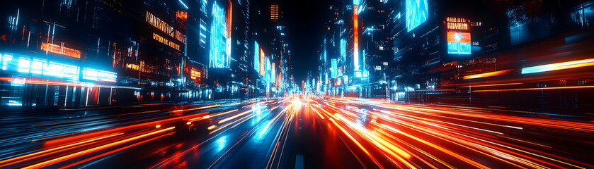Obraz premium A Digital Cityscape Illustration with Neon Lights and Motion Blur