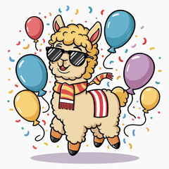 Cheerful Cartoon Llama with Sunglasses and Balloons at a Colorful Party - T-Shirt Print Design