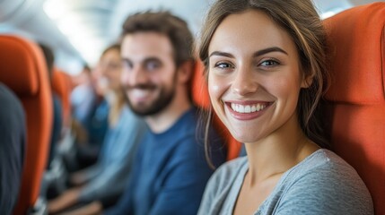 Happy Couple Embarks on a Joyous Flight Adventure, Smiling and Ready for Their Travel Destination Cheerful Couple Enjoying Their Flight Together, Excitement and Anticipation for Their Journey