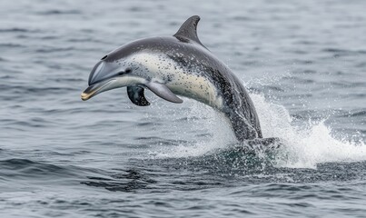 Obraz premium Spotted dolphin leaps from ocean waves.