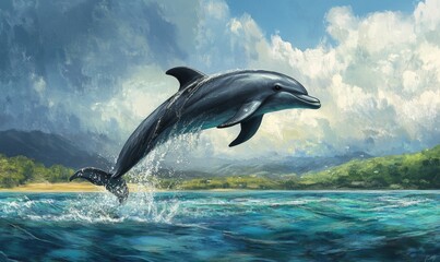 Obraz premium Dolphin leaping from blue water.