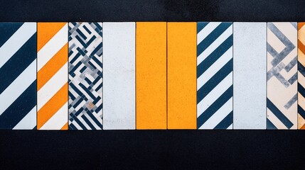 Fototapeta premium A row of colorful ceramic tiles featuring geometric patterns and bright colors against a black background.