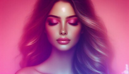 Fototapeta premium Gradient with pink to purple grainy transition background for beauty advertising with woman face,generative ai