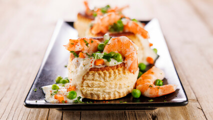 stuffed vol au vent with cream and shrimp