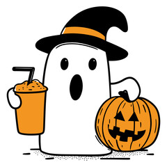 Ghost Wearing Witch Hat, Holding a Smoothie with a Pumpkin on the Side, Fun Halloween Illustration - Flat Vector Illustration