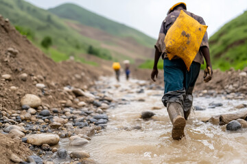Workers traverse a muddy riverbed, searching for gold amidst the rocky terrain under gloomy skies