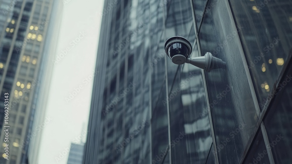 Poster security cameras are strategically positioned on the glass facade of a sleek office building in an u