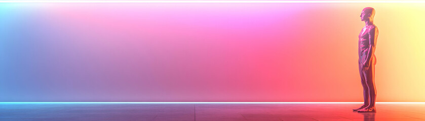 Metallic Figure Standing in a Colorful Neon Lit Room with a Gradient Background