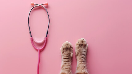 Cat paws and stethoscope isolated on pink background. Banner with copy space for vet clinic