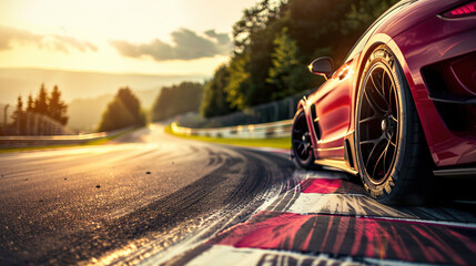 Close-up of a sports car on a race track, highlighting the car's speed and the details of the track surface.
