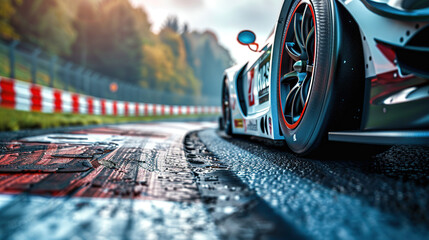 Close-up of a sports car on a race track, highlighting the car's speed and the details of the track surface.