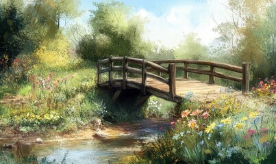 Fototapeta premium A wooden bridge over a stream in a lush forest.