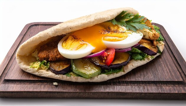 Sabich A stuffed pita sandwich with fried eggplant, boiled egg, hummus, tahini and amba