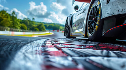 Close-up of a sports car on a race track, highlighting the car's speed and the details of the track surface.