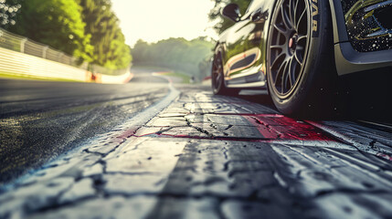 Close-up of a sports car on a race track, highlighting the car's speed and the details of the track surface.