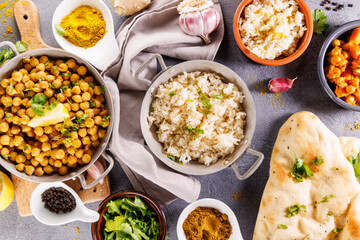 curry chickpea,  dhal with rice and naan bread- assorted of indian food