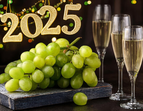 fiesta fin de a&ntilde;o 2025 con copas de champan y uvas en ambiente navide&ntilde;o