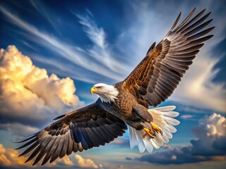 Obraz premium Majestic Bald Eagle in Flight: Captivating Documentary Photography of a Bird of Prey Against a Clear Blue Sky