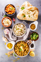 curry chickpea,  dhal with rice and naan bread- assorted of indian food