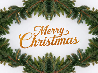 Festive Merry Christmas Holiday Card with Green Pine Branches and Golden Text on White Background