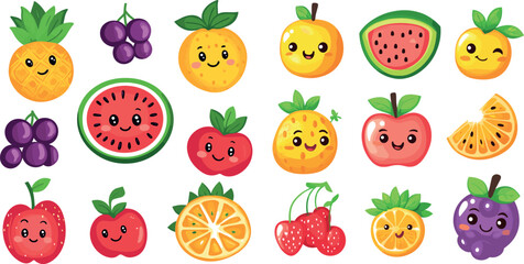 Colorful Cartoon Fruits With Expressive Faces on a White Background