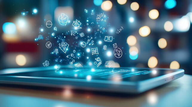 Engaging icons of knowledge and creativity shine from a tablet, enriching the inspiring learning experience