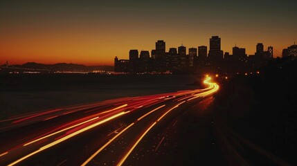 The city skyline is bathed in a warm glow with bright trails of cars slicing through the darkness as they approach the oceans edge.