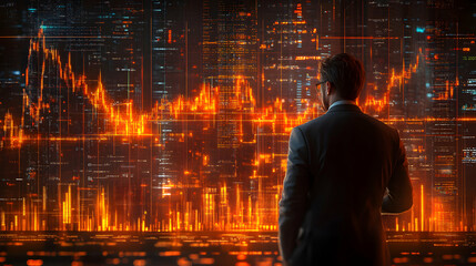 A Businessman Stands Before a Digital Wall Displaying Data and Code in a Futuristic Setting.