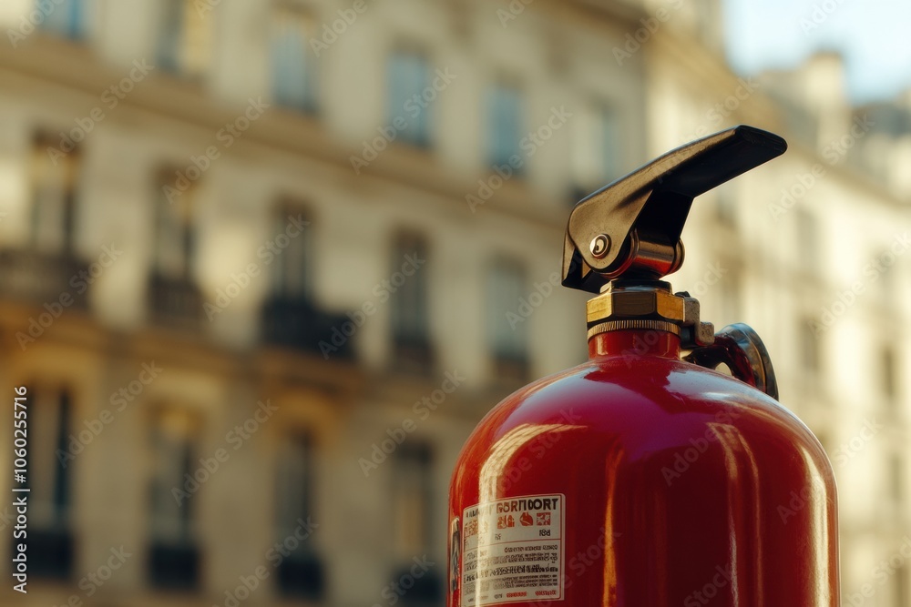 Poster A vivid fire extinguisher is positioned in the foreground with a blurred historical building behind it on a sunny day. Generative AI