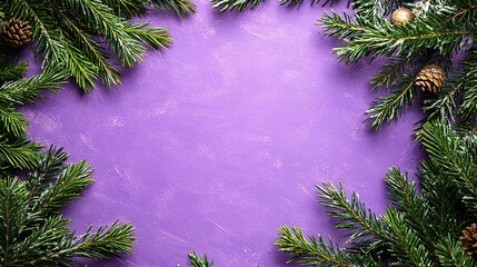 Purple holiday background with pine branches and cones