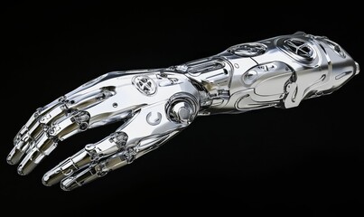 Metallic robotic arm with open hand.