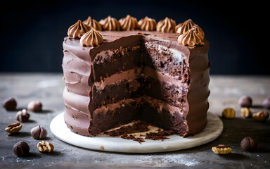 Obraz premium Chocolate Walnut Cake: A moist, decadent cake layered with chocolate and walnuts, elegantly presented with a slice cut out, revealing its rich interior, surrounded by chocolate shavings.
