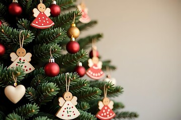 Hungarian Christmas tree decorated with wooden angels, gingerbread hearts, and folk-inspired baubles, warm holiday lighting, with copy space on the right
