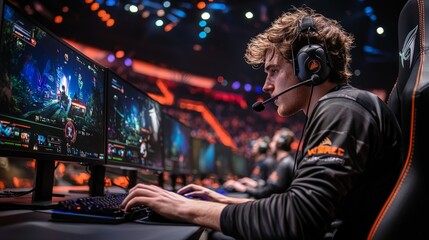 Obraz premium E-sports gamer competing in a high-energy tournament, sitting at a gaming desk with multiple screens,