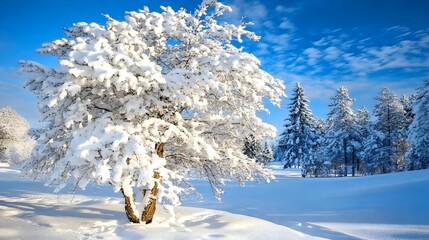 Majestic Snow Laden Tree in Serene Winter Landscape with Vibrant Blue Sky