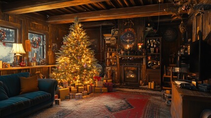 A cozy living room with a Christmas tree, fireplace, and gifts.