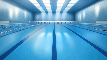 Bright indoor Olympic swimming pool with vibrant blue water and sunlight streaming through clear glass windows