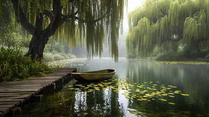A tranquil riverbank with weeping willow trees, a wooden dock, and a rowboat gently rocking in the water.