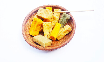 Fried Tofu, Indonesian popular food made from soybean cake, usually use as daily On a white background.